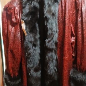 Elegant Red and Black Fur-Trimmed Women's Coat